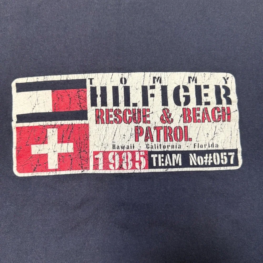 Vintage 90s Tommy Hilfiger T-Shirt Mens XL Navy Surf Beach Patrol made in usa
